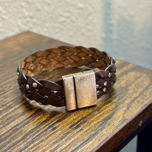 Brown Braided Leather Bracelet with Silver magnetic clasp